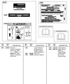 Label Kit, Emissions Label, Repair Manual Diagram and Parts List for 589447-0310-XX  Briggs and Stratton Engine